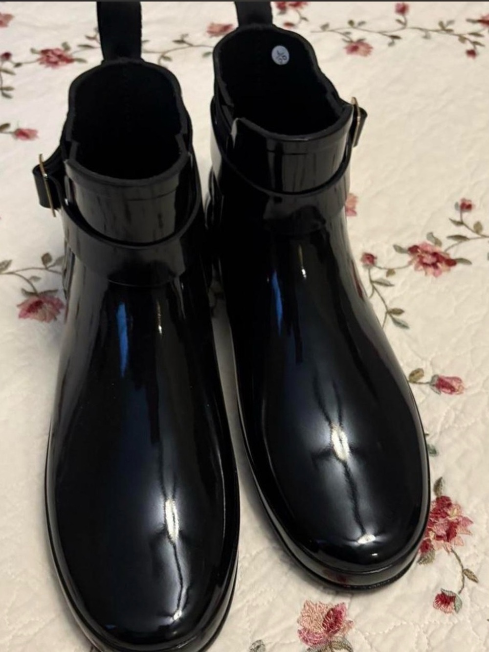 Hunter Black Patent Ankle Rain Booties with Side Buckle
